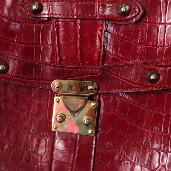 Vintage Real Croc Leather Burgundy Satchel Crossbody Purse Bag - Picture 5 of 12